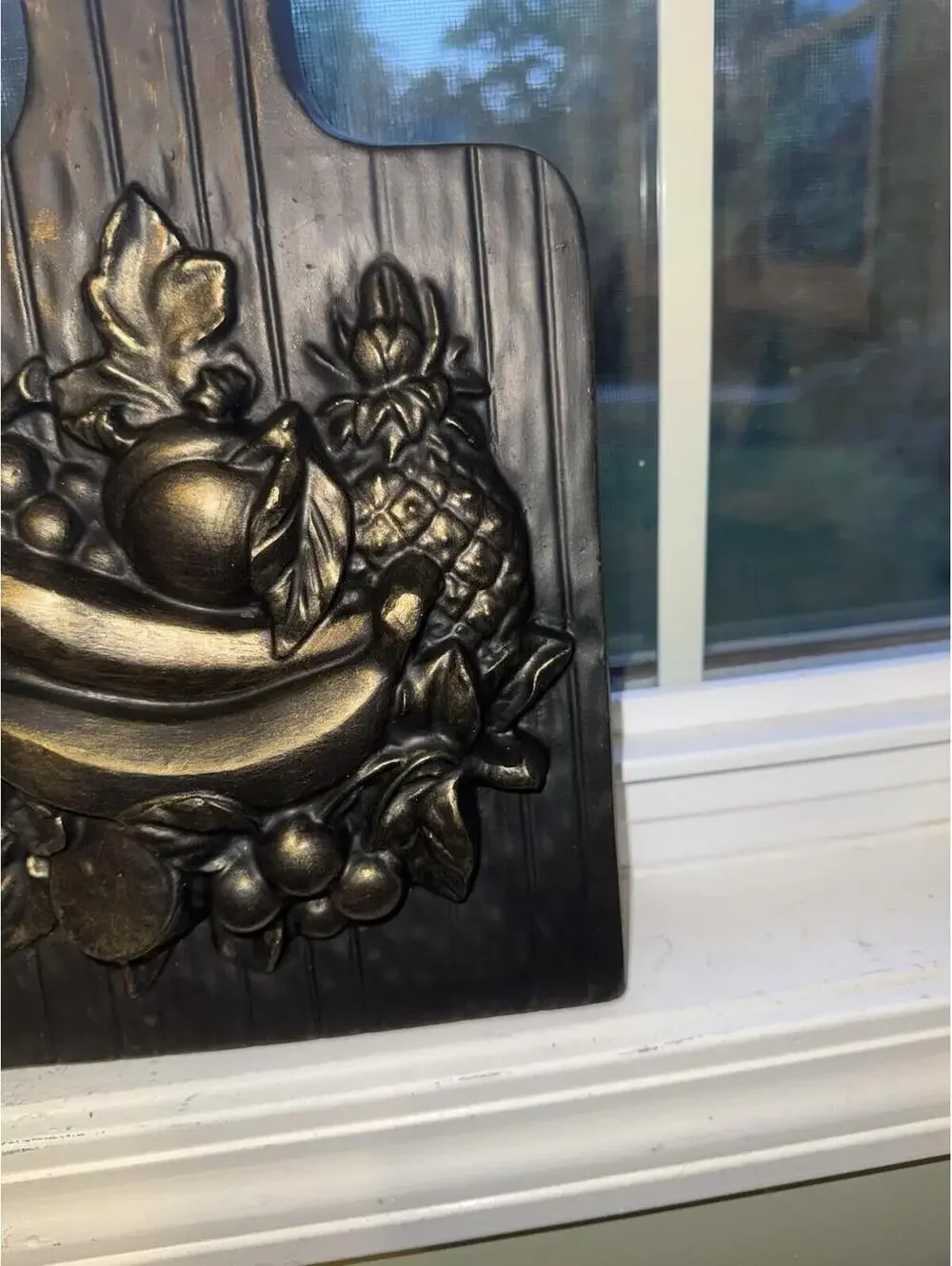 Vintage MCM moody Chalkware Wall Hanging Cutting Board 3D bronzed Fruit Design
